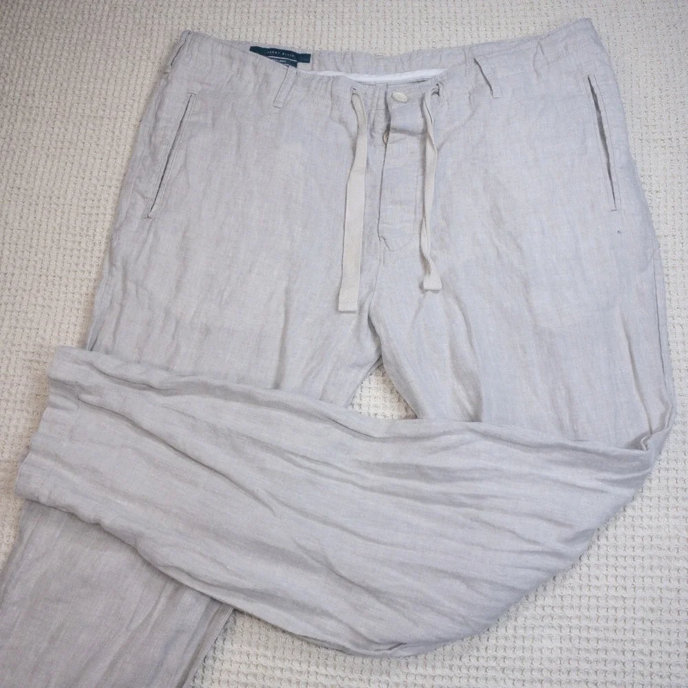 Perry Ellis Mens 100% Linen Drawstring Pants Beige Oatmeal Casual Beach Trousers